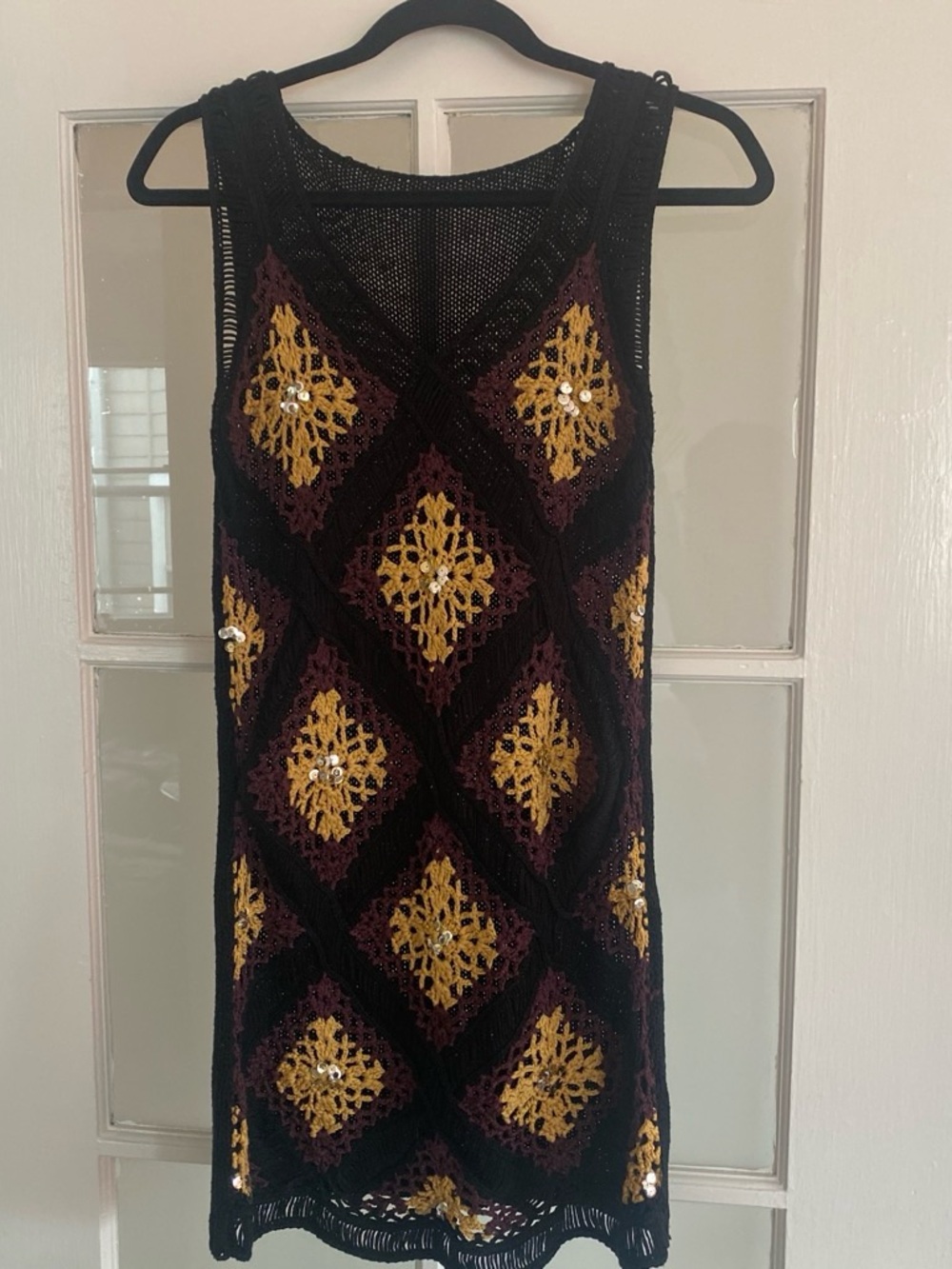Black Crochet Tank Dress with Mustard Diamond Accents